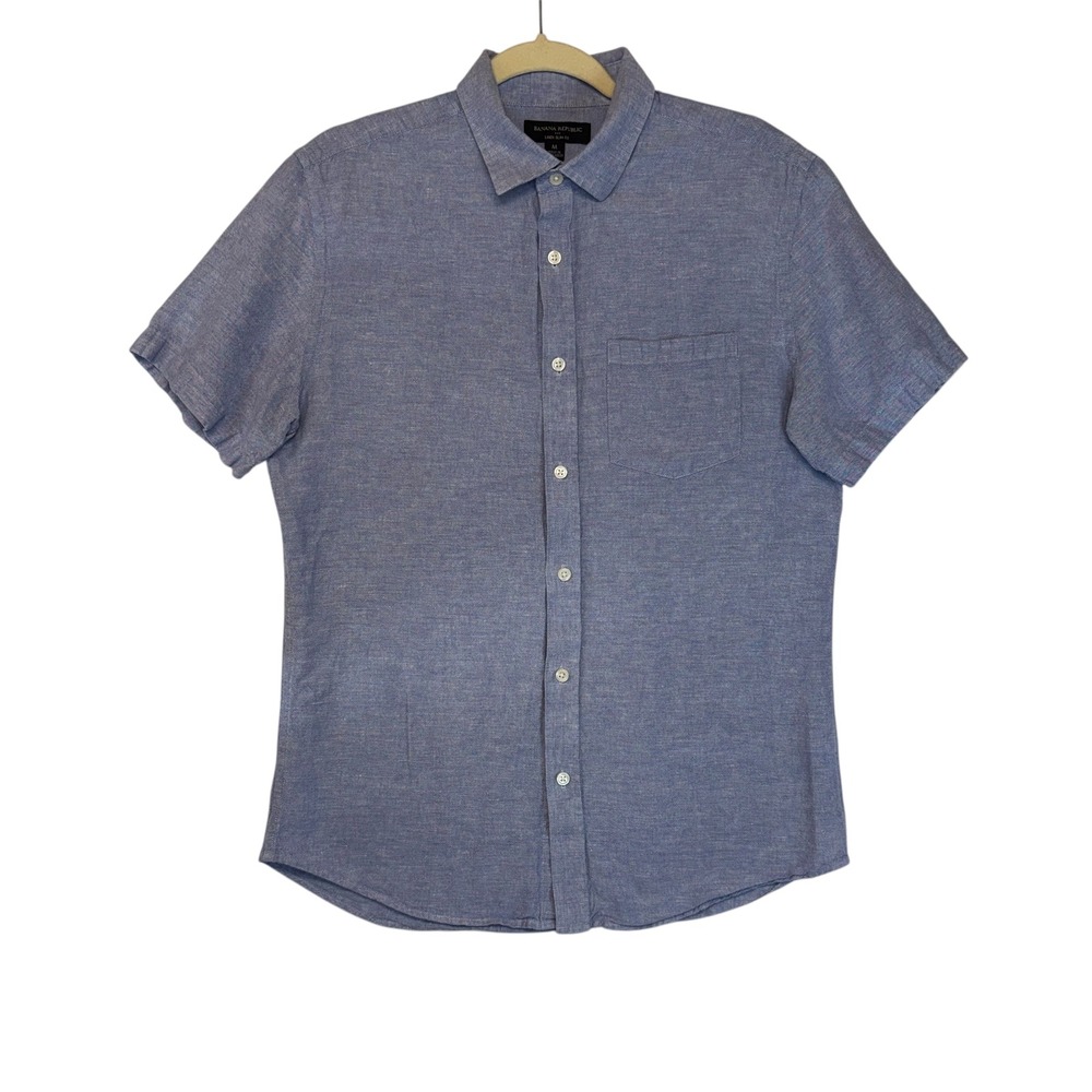 Banana Republic Mens Blue Linen Slim Fit Short Sleeve Classic Staple Versatile M